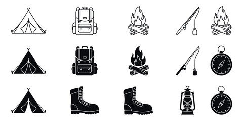 Black and white camping set including tent backpack campfire fishing rod compass boots lantern © VARIOUS