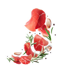 Thin slices of fresh prosciutto ham with rosemary and garlic cloves isolated on transparent background