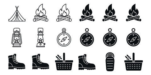 Black and white camping set including tent campfire lantern compass boots baskets © VARIOUS