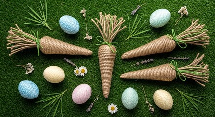 Hand Made Easter Carrots Pastel Eggs Flat Lay Green Grass Background