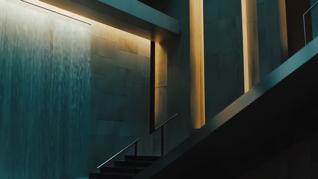 Modern architectural design featuring a continuous flowing water wall providing a serene atmosphere. With a sleek staircase illuminated by warm indirect lighting creating strong contrasts and shadows