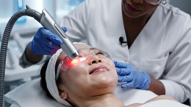 Professional aesthetician performs a rejuvenating LED light therapy facial treatment on a patient in a modern dermatology clinic setting for skin renewal and anti-aging