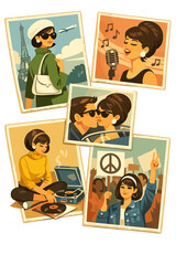 Create a creative collage of old photographs that highlights various aspects of a woman's 1960s life, from fashion to activism