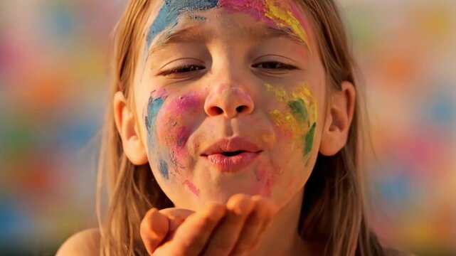 happy young girl with face painted in bright colors laughing and blowing powder during the traditional indian holi festival celebration on a sunny summer day