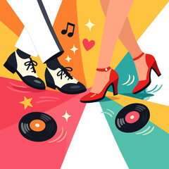 A vibrant poster advertising a retro dance party, featuring men and women’s legs in shoes and heels against a colorful backdrop, with dancing people and a creative, vintage-inspired design