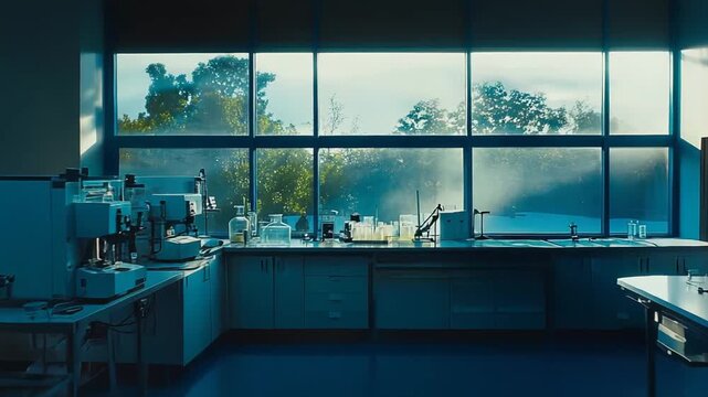 Science laboratory features modern research equipment and glassware illuminated by natural morning light streaming through large windows. Creating a quiet environment for experimentation and discovery