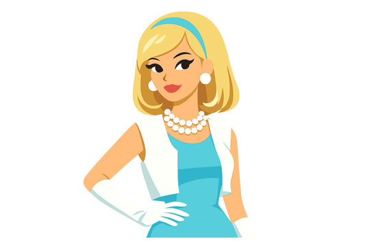 Blonde woman in a pearl necklace and a 1960s outfit, e