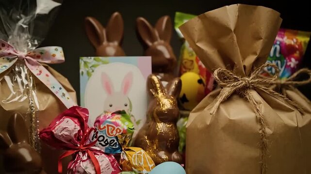 easter gifts in craft paper bags with twine chocolate bunnies colorful eggs and a rabbit card on a dark background creating a festive atmosphere of waiting for holy sunday