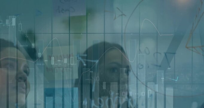 Colleagues entering view, seeing finance data overlay, woman annotating glass wall with chart lines