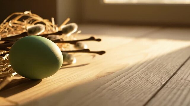 single green easter egg lies on a wooden table in the rays of warm sunset light next to willow branches and straw creating a minimalistic and soulful still life