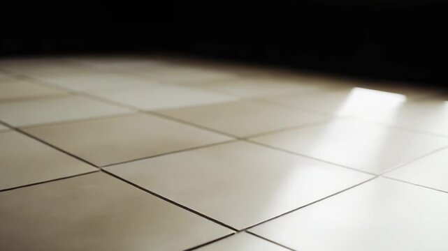 Clean ceramic tiled floor with strong natural light casting bold highlights and shadows across a minimalist, glossy grid surfaceneutral, modern background for architecture or design