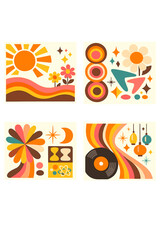 Fototapeta premium Vector abstract templates for retro party posters and covers featuring 1960s background sets, 60s colors and shapes, and mid‑century modern graphic styles