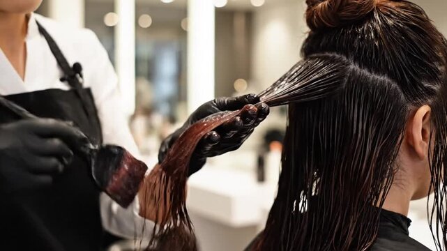 Professional hairstylist applies hair dye to a client s brunette bob haircut in a modern salon setting showcasing balayage technique and beauty services