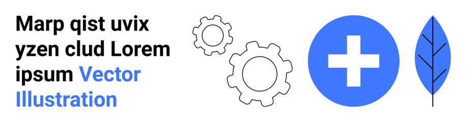 Obraz premium Health and wellness, eco-friendly solutions, innovation, sustainability, medical care, modern design. Blue medical cross, settings gear icons and leaf illustration. Health and environmental concepts