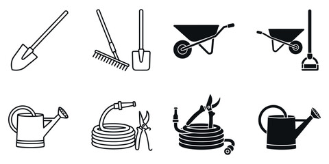 Black and white line of various gardening tools shovel rake broom wheelbarrow vacuum © VARIOUS