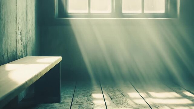 Sunlight beams piercing through a window, illuminating an empty room with a weathered wooden floor and a simple bench, creating a mood of solitude, nostalgia, and hopeful reflection