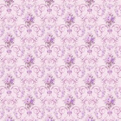 Elegant seamless damask floral pattern with lilac bouquets and ornamental scrolls. Vintage baroque style background ideal for wallpaper, textiles and luxury branding.