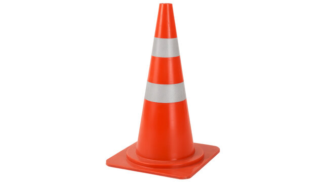 Bright orange traffic cone with reflective white stripes on plain background