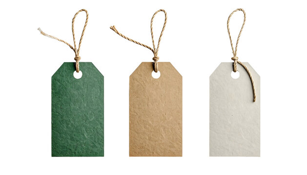 Three blank paper gift tags of different colors, each with string, isolated on black