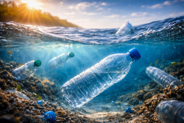 Plastic pollution in ocean with floating bottles underwater highlighting environmental damage and marine ecosystem crisis