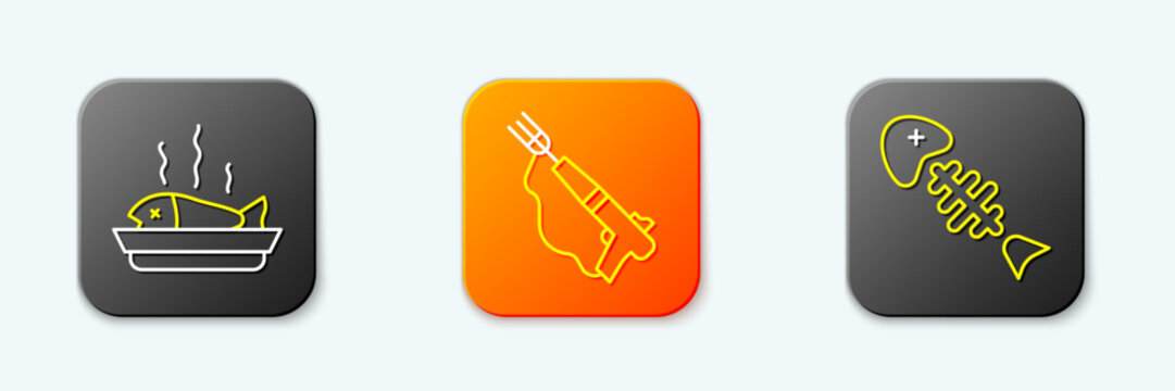 Set line Served fish on a plate, Fishing harpoon and skeleton icon. Vector