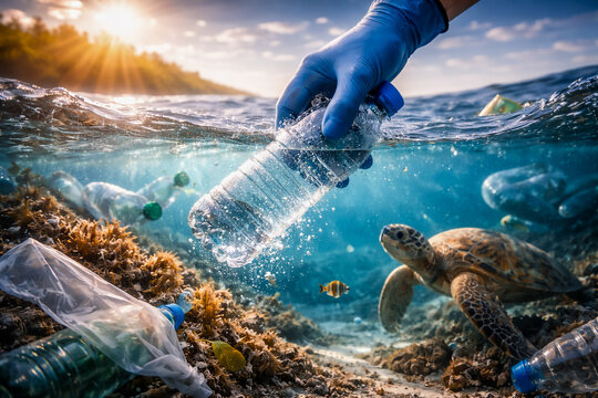 Hand removing plastic bottle from ocean near sea turtle emphasizing environmental protection marine conservation and ocean cleanup action