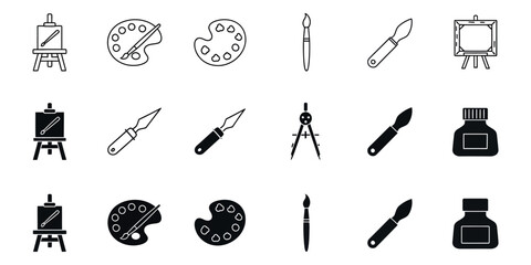 Obraz premium Black and white of painting tools and easels paintbrushes palette supplies