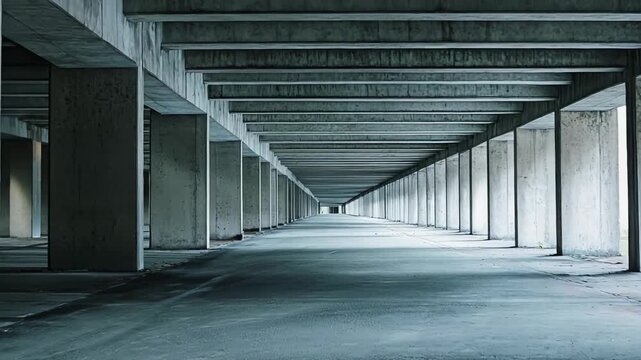 Empty concrete tunnel structure extending into a distant vanishing point with strong lines, symmetry, and shadows, creating a minimalist and stark architectural scene