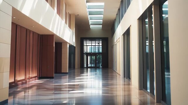 Modern corporate building interior featuring a long, bright hallway with polished floors reflecting natural light from skylights and large windows, creating a sense of openness and sleek design