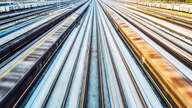 Long railway tracks and parked trains creating a sense of movement and speed through motion blur, emphasizing logistics, transportation, and interconnectedness in modern infrastructure