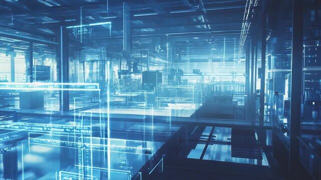 Future smart factory with glowing blue data lines and holographic interfaces visualizing ai driven production, digital twin networking, and automated industry 4.0 processes
