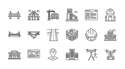 Fototapeta premium Construction and Engineering Icons Set Featuring Bridges Buildings and Machinery