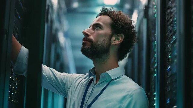 Focused medium shot of an IT specialist monitoring server performance through AIpowered alert systems emphasizing proactive automated maintenance in a data center.