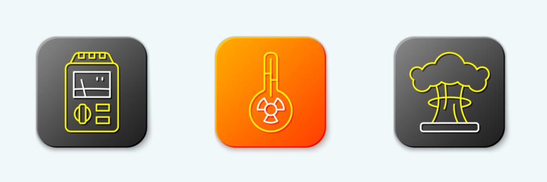 Set line Dosimeter, Meteorology thermometer and Nuclear explosion icon. Vector