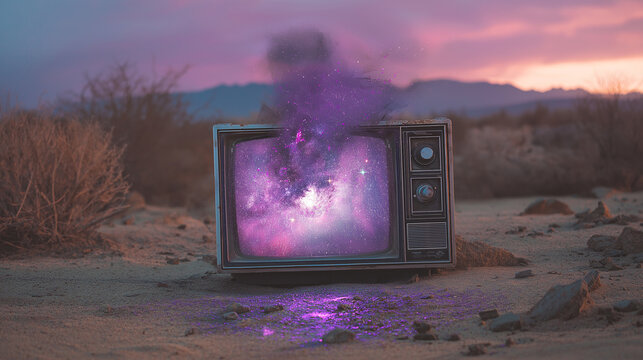 Surreal retro television with cosmic galaxy explosion in desert sunset