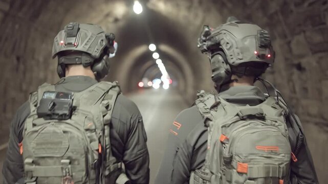 Medium shot of subterranean hyperloop security personnel patrolling dimly lit tunnels equipped with tactical gear and advanced communication devices for underground safety.