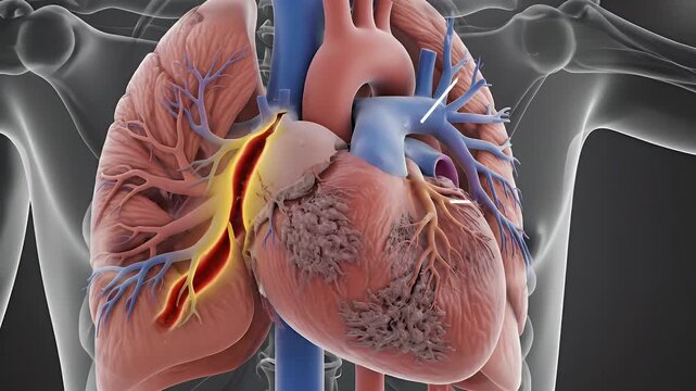 Detailed 3D Animation of a Diseased Human Heart Illustrating Coronary Artery Blockage and Pulmonary Veins with Subtle Snow Like Particles Floating in
