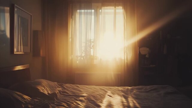 Sunlight beams enter a tranquil and comfortable bedroom through curtains, casting warm light and shadows across the rumpled bed, creating a peaceful and inviting atmosphere for relaxation
