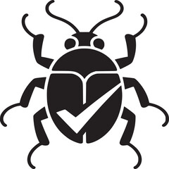 Fototapeta premium Software bug icon with checkmark symbol, black beetle vector illustration for debugging and quality assurance, computer virus fix graphic