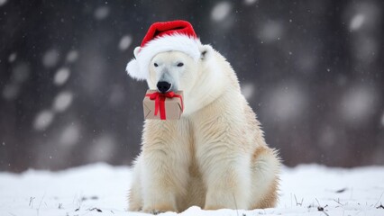 Fototapeta premium Polar bear wearing santa hat holding gift in snowy winter wonderland.