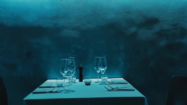 Upscale restaurant interior showcasing an empty dining table set for two, creating an intimate blue lit atmosphere perfect for romantic dinners and special occasions