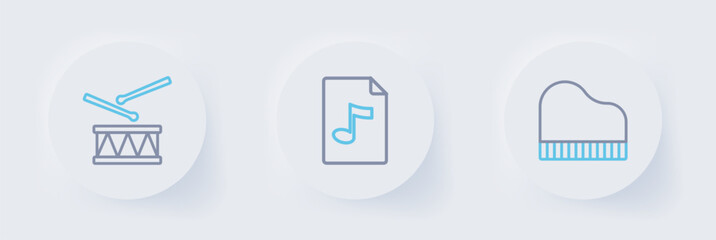 Set line Grand piano, MP3 file document and Drum with drum sticks icon. Vector