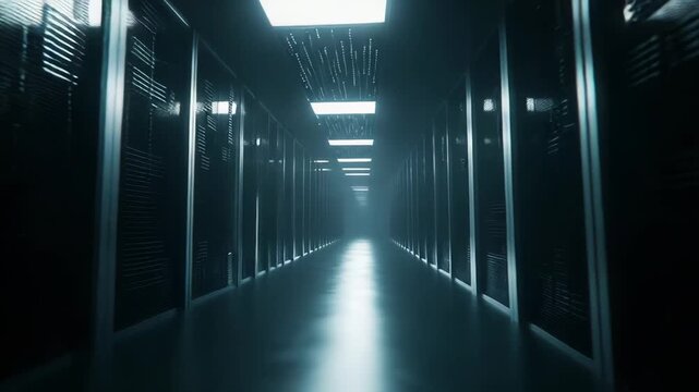 Long modern data center corridor with parallel server racks under cool blue lights, polished floor reflections and vanishing perspective conveying technology, connectivity and scale