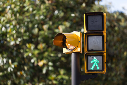 Traffic lights, traffic signs in the city, regulate vehicle, pedestrian, and bicycle traffic, Spain