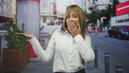 Fototapeta premium Woman showing open palm and hand to mouth gesture on a bustling urban street with bollards and planters, smiling toward camera; surprise moment.
