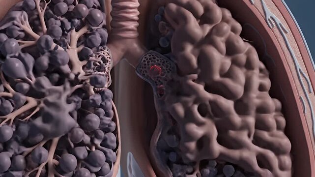 Detailed 3D Medical Animation of Healthy and Diseased Lung Alveoli Showing Gas Exchange and Pathological Conditions