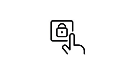 Simple line icon of a hand clicking on a padlock symbol on a screen.