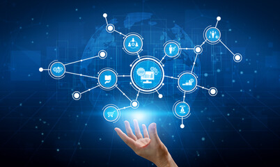 Fototapeta premium A hand reaching out to connect with a digital network showcasing various icons, symbolizing modern technology, communication, and data exchange for collaborative growth. Tessel