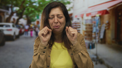 Fototapeta premium Middle aged woman furrowing brow and clenching fists at chin in busy street market alley near souvenir stands; sadness.