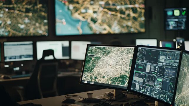 Control center operates multiple monitors displaying intricate maps, data visualizations, and various system metrics, facilitating advanced surveillance and real time operational management